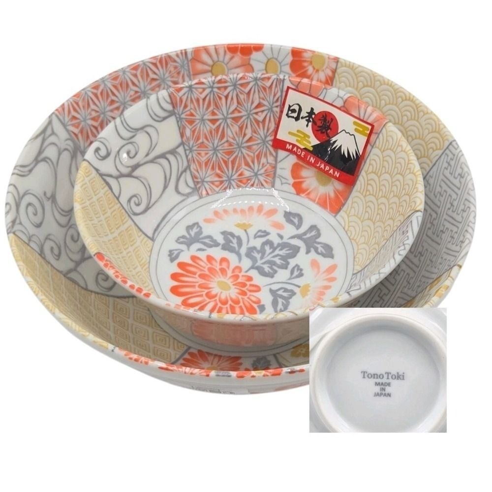 Tono Toki Japanese Pasta Ramen Bowl Set Mino Ware Shozui Patchwork Floral Multi